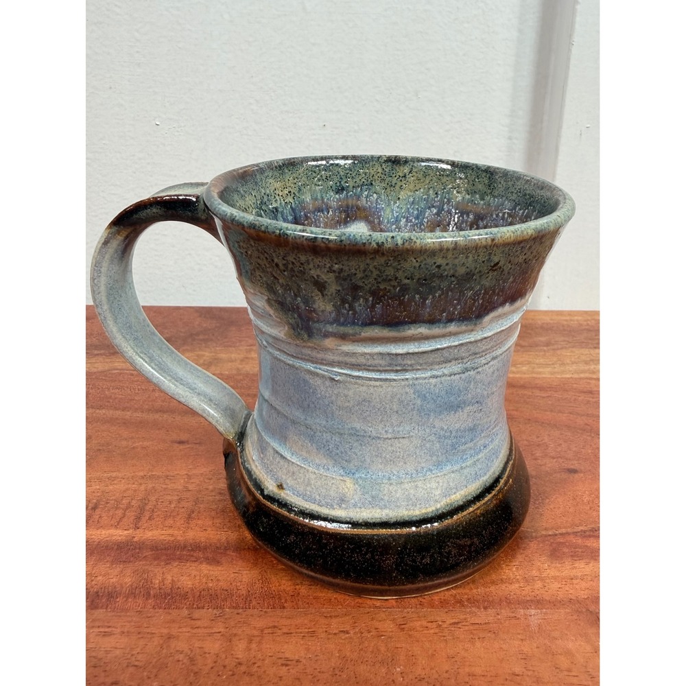 Handmade Studio Pottery Mug Blue Brown Drip Glaze Hand Thrown Signed Stoneware